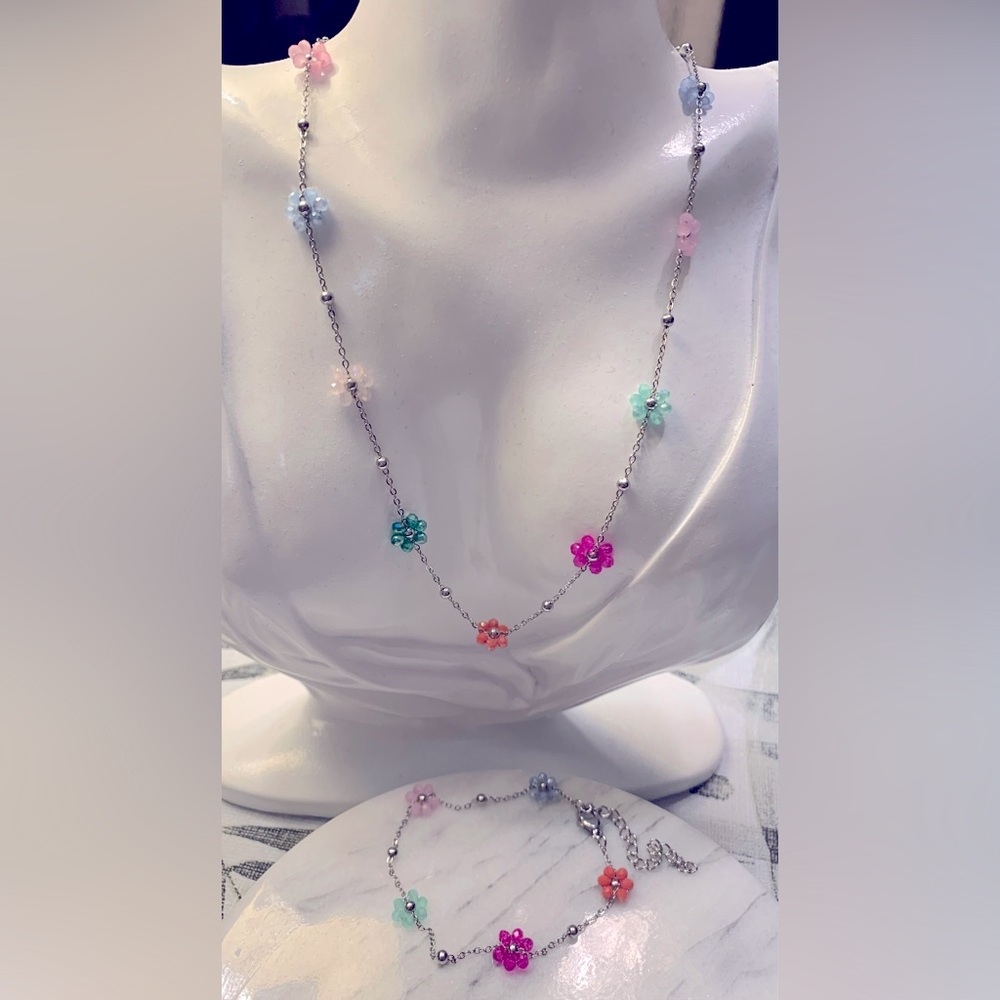Floral Crystal Necklace and Bracelet Set Stainless Steel